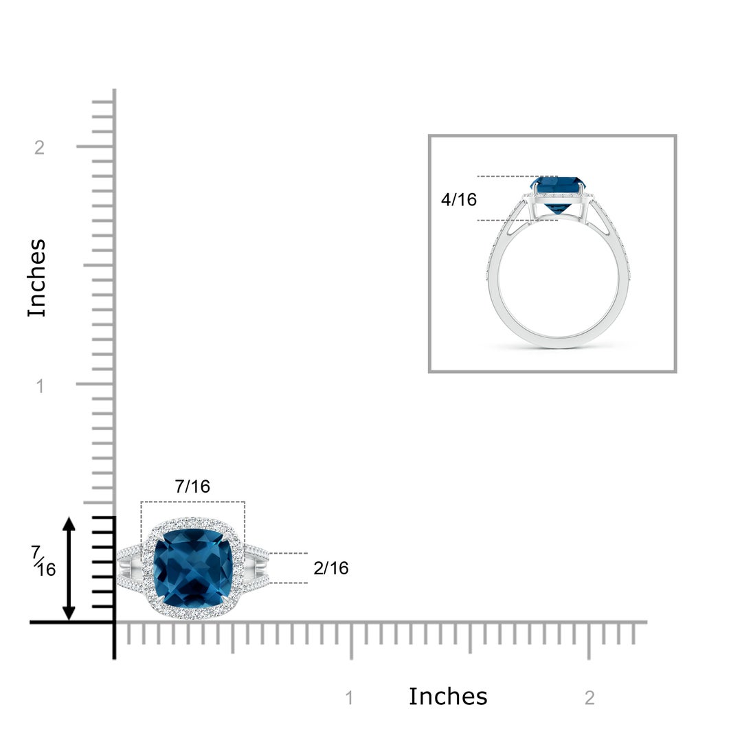 8mm AAA Cushion London Blue Topaz Split Shank Ring with Diamond Halo in White Gold - ruler