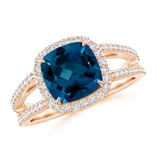 8mm AAAA Cushion London Blue Topaz Split Shank Ring with Diamond Halo in 9K Rose Gold