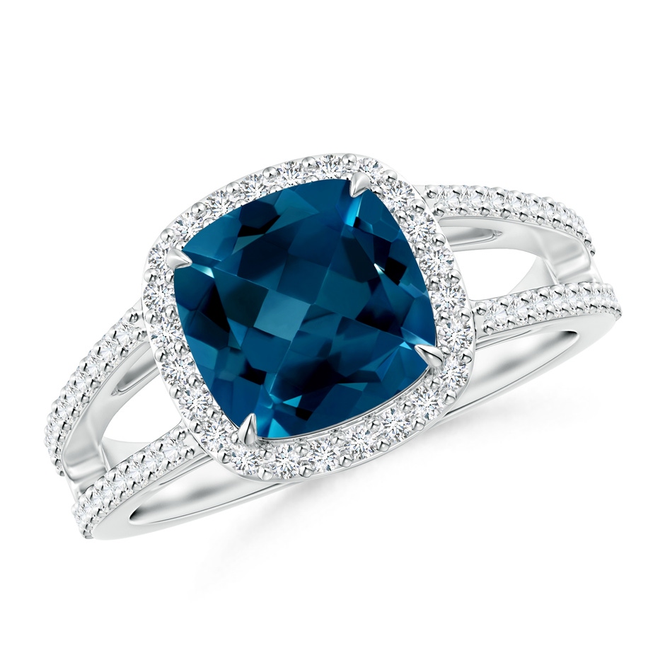 8mm AAAA Cushion London Blue Topaz Split Shank Ring with Diamond Halo in P950 Platinum 