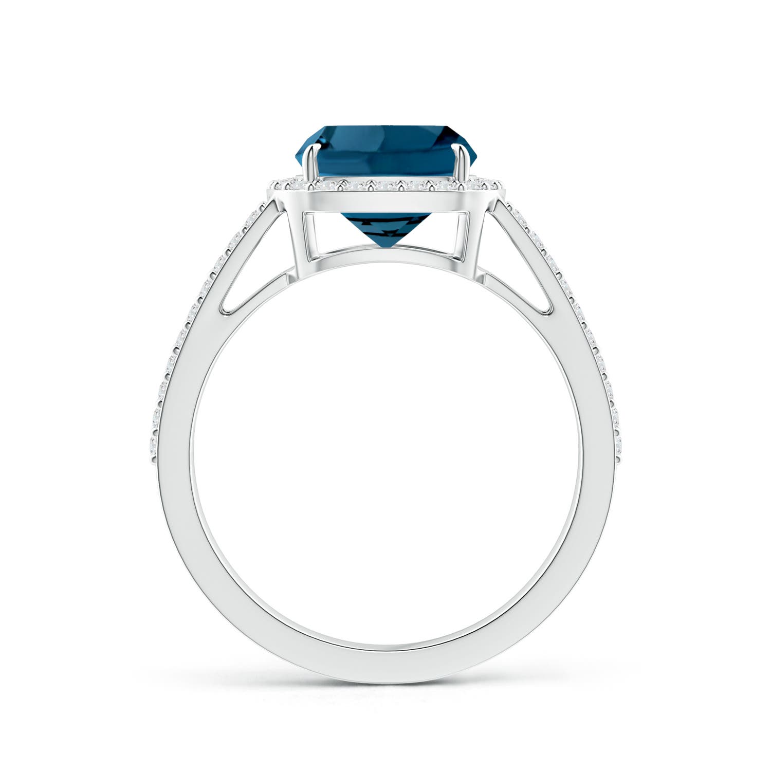 8mm AAAA Cushion London Blue Topaz Split Shank Ring with Diamond Halo in P950 Platinum