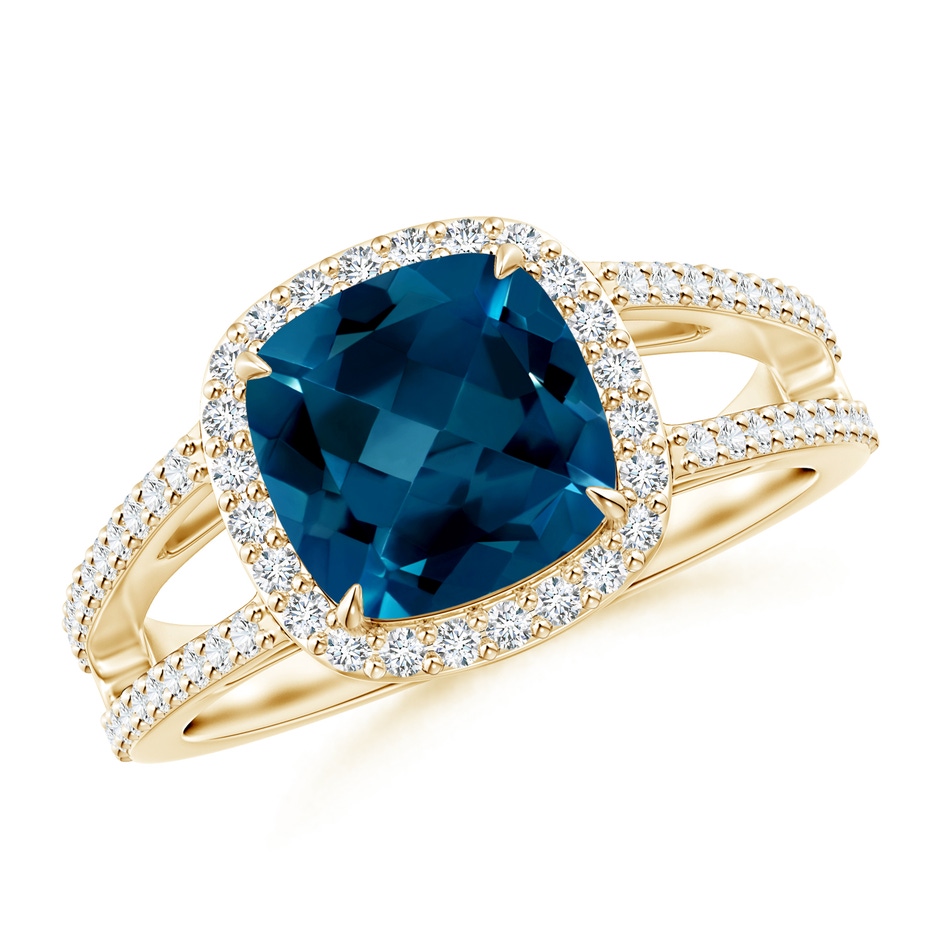 8mm AAAA Cushion London Blue Topaz Split Shank Ring with Diamond Halo in Yellow Gold 