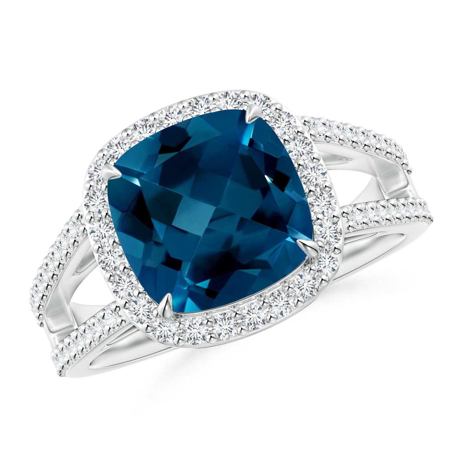 9mm AAAA Cushion London Blue Topaz Split Shank Ring with Diamond Halo in P950 Platinum