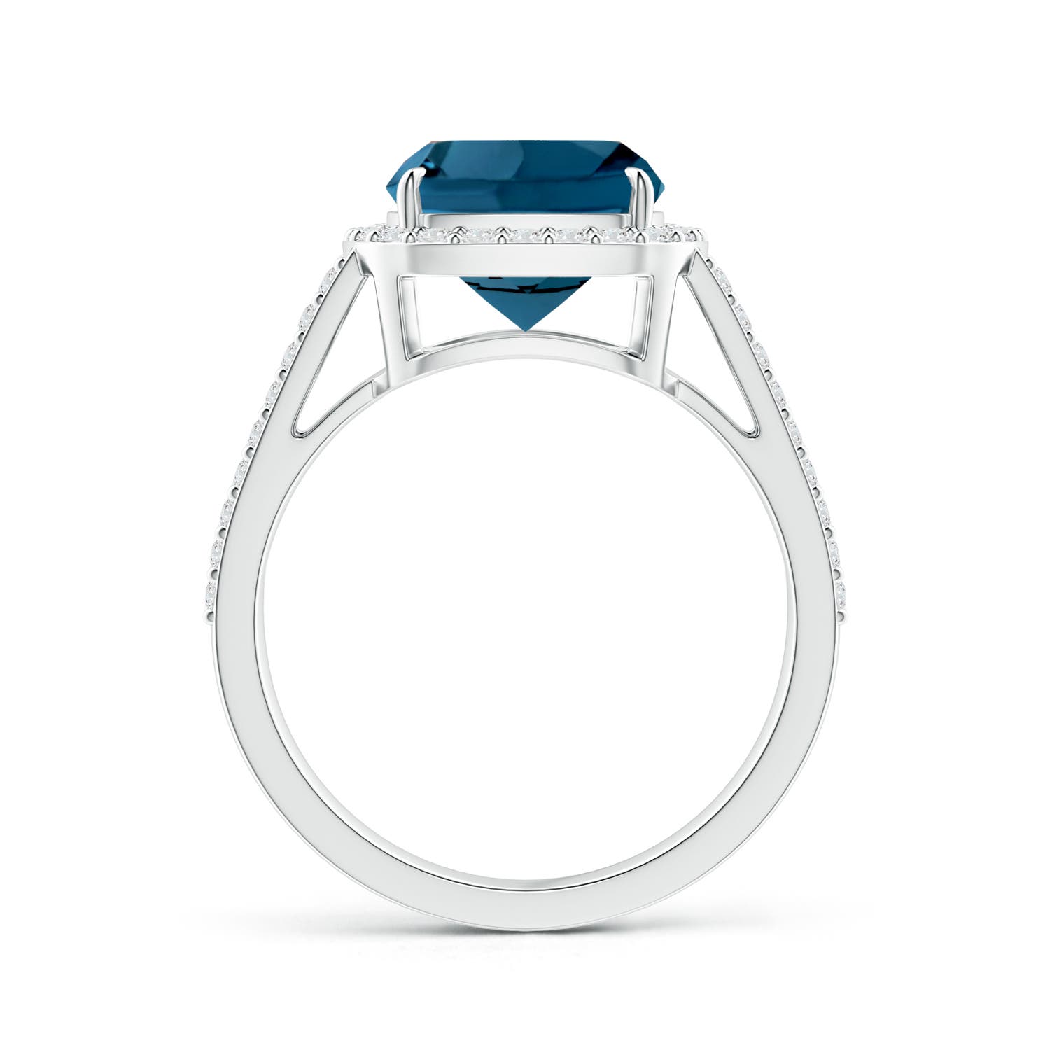 9mm AAAA Cushion London Blue Topaz Split Shank Ring with Diamond Halo in P950 Platinum