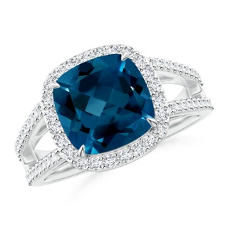9mm AAAA Cushion London Blue Topaz Split Shank Ring with Diamond Halo in White Gold