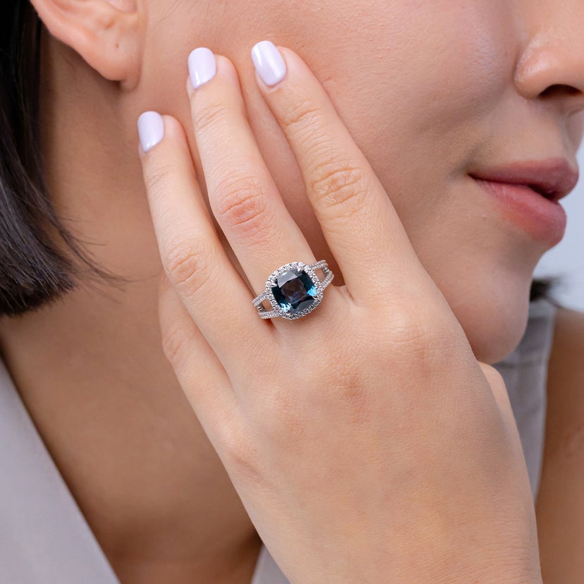 Cushion London Blue Topaz Split Shank Ring with Diamond Halo
