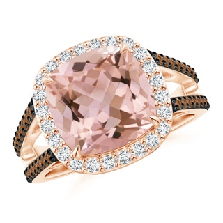 10mm AAAA Cushion Morganite Split Shank Halo Ring with Coffee Diamonds in Rose Gold