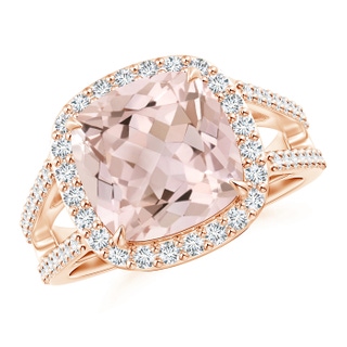 10mm A Cushion Morganite Split Shank Ring with Diamond Halo in 9K Rose Gold