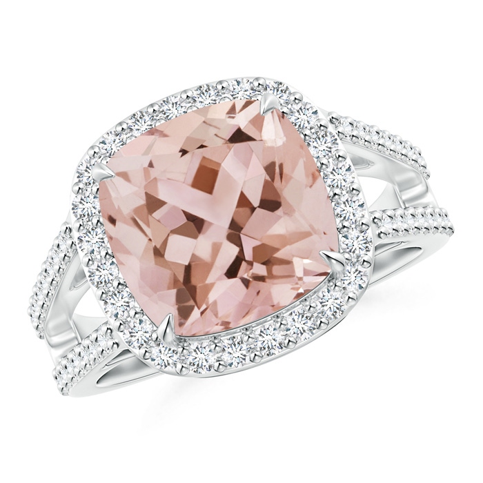 10mm AAA Cushion Morganite Split Shank Ring with Diamond Halo in White Gold