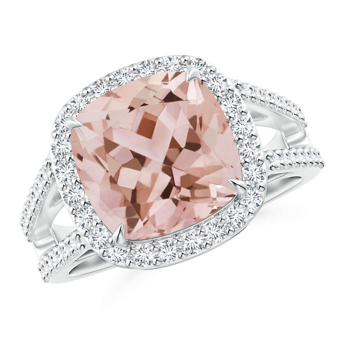 10mm AAA Cushion Morganite Split Shank Ring with Diamond Halo in White Gold 