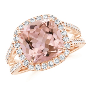 10mm AAAA Cushion Morganite Split Shank Ring with Diamond Halo in Rose Gold