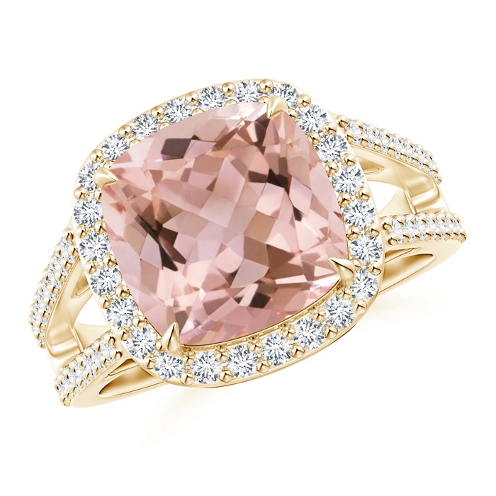 10mm AAAA Cushion Morganite Split Shank Ring with Diamond Halo in Yellow Gold