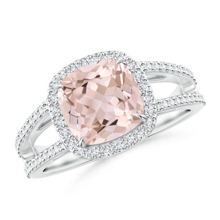 8mm A Cushion Morganite Split Shank Ring with Diamond Halo in P950 Platinum