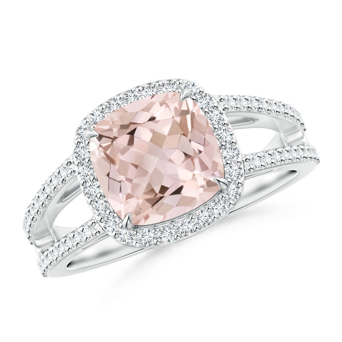 8mm A Cushion Morganite Split Shank Ring with Diamond Halo in P950 Platinum 