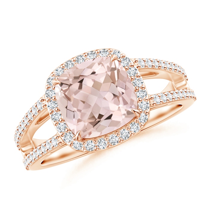 8mm A Cushion Morganite Split Shank Ring with Diamond Halo in Rose Gold 