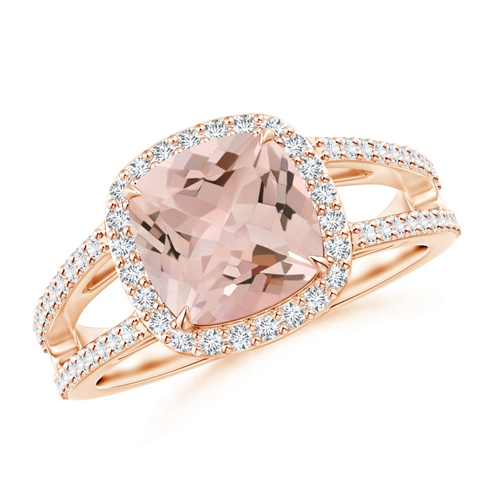 8mm AA Cushion Morganite Split Shank Ring with Diamond Halo in Rose Gold 