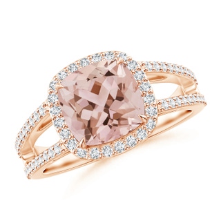 8mm AAA Cushion Morganite Split Shank Ring with Diamond Halo in 10K Rose Gold