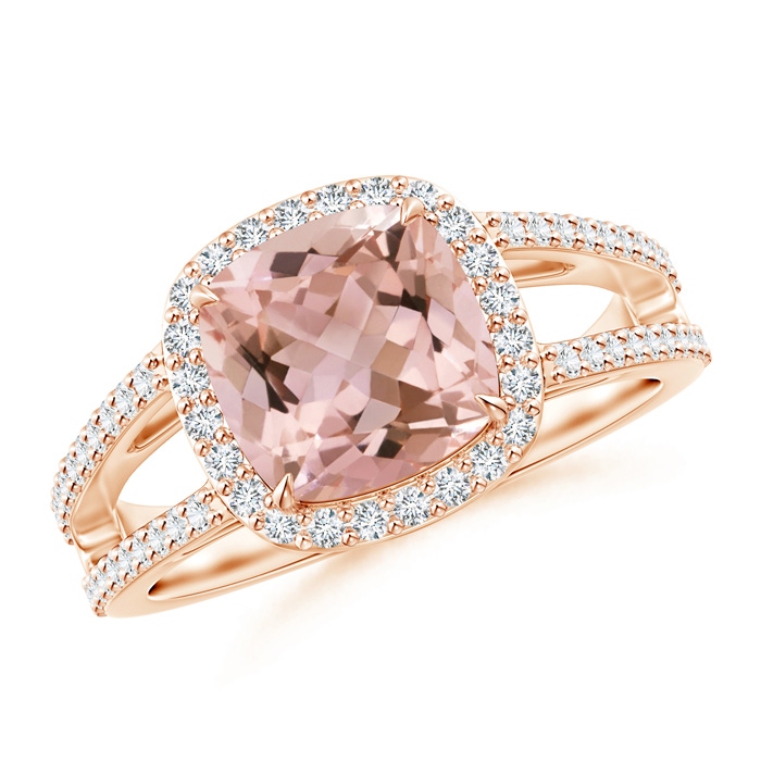 8mm AAAA Cushion Morganite Split Shank Ring with Diamond Halo in Rose Gold 