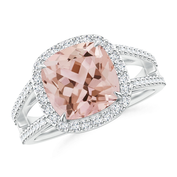 9mm AAA Cushion Morganite Split Shank Ring with Diamond Halo in 10K White Gold