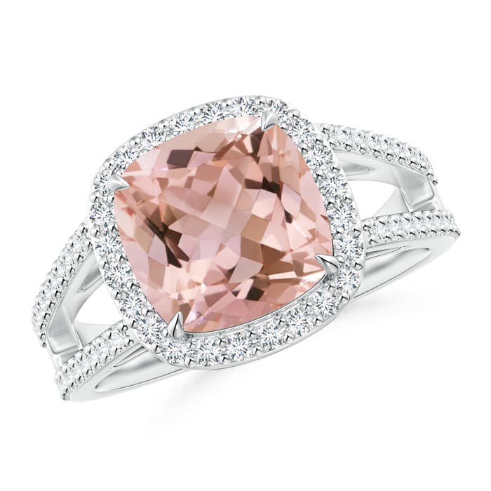 Cushion Morganite Split Shank Ring with Diamond Halo | Angara