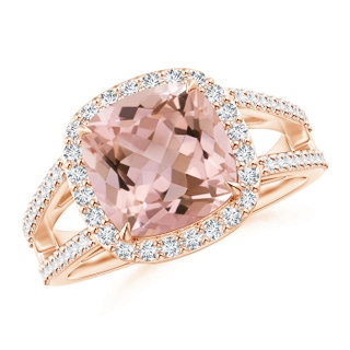 9mm AAAA Cushion Morganite Split Shank Ring with Diamond Halo in Rose Gold