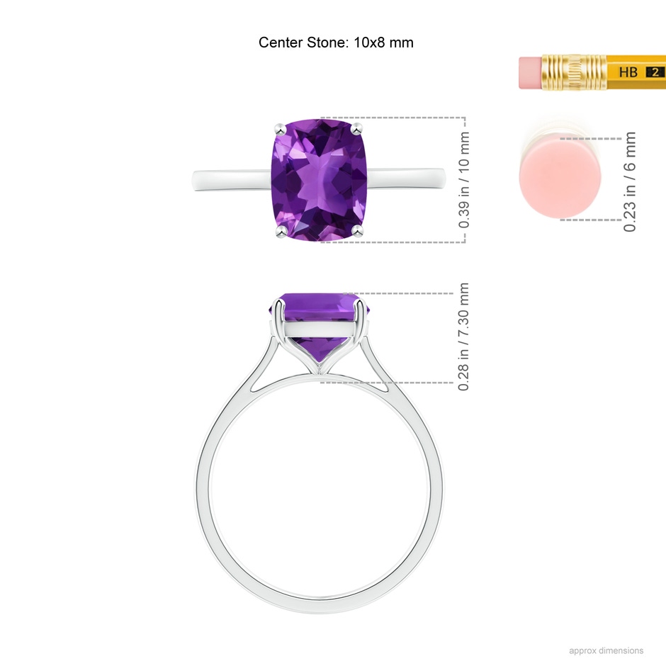 10x8mm AAAA Prong-Set Cushion Amethyst Solitaire Ring in P950 Platinum ruler