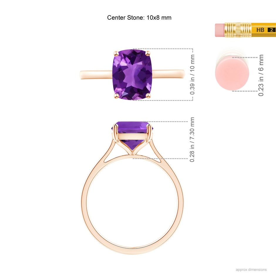 10x8mm AAAA Prong-Set Cushion Amethyst Solitaire Ring in Rose Gold ruler