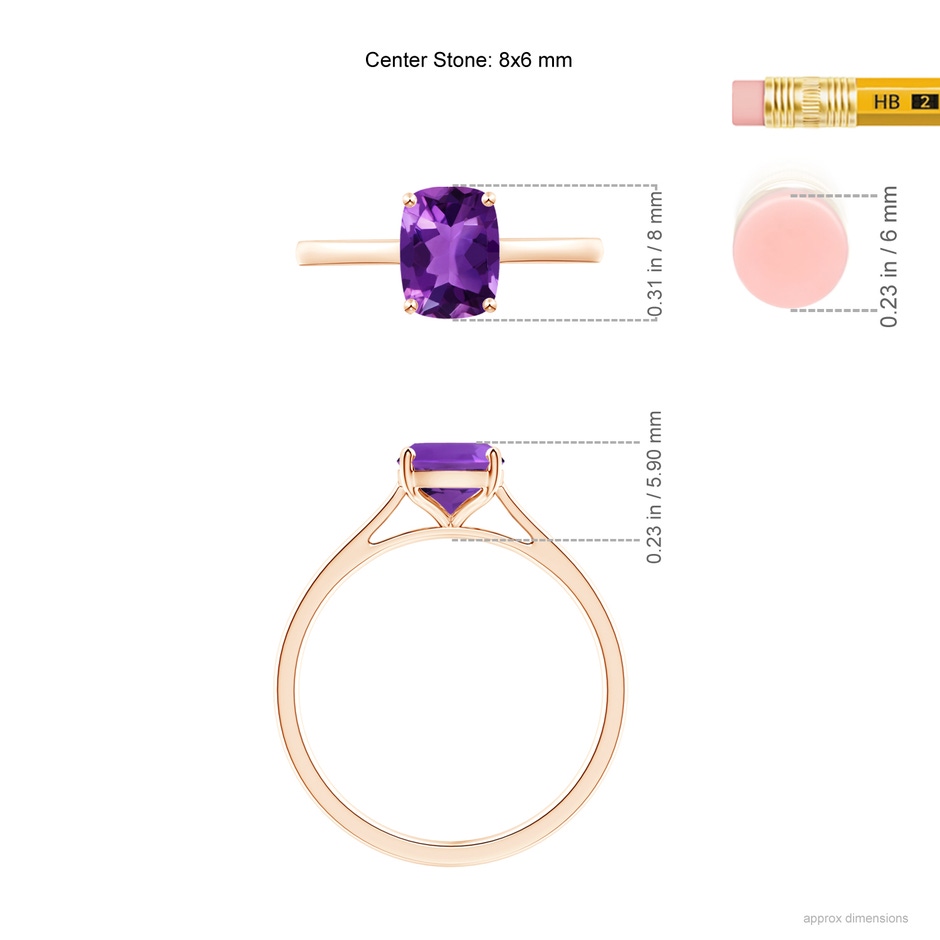 8x6mm AAAA Prong-Set Cushion Amethyst Solitaire Ring in Rose Gold ruler