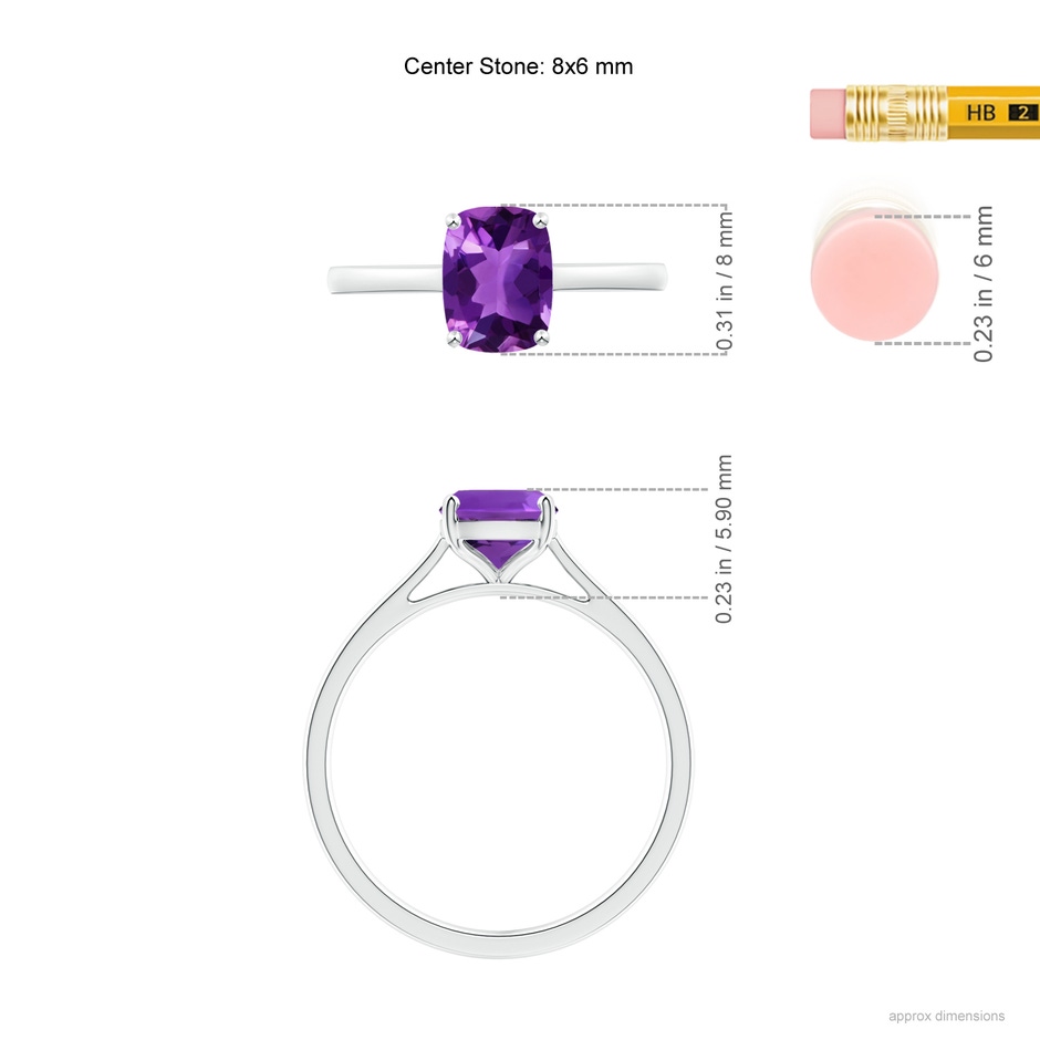 8x6mm AAAA Prong-Set Cushion Amethyst Solitaire Ring in White Gold ruler