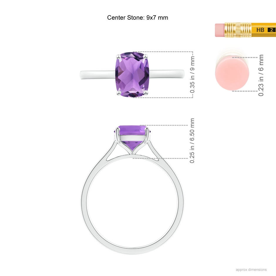 9x7mm AA Prong-Set Cushion Amethyst Solitaire Ring in S999 Silver ruler