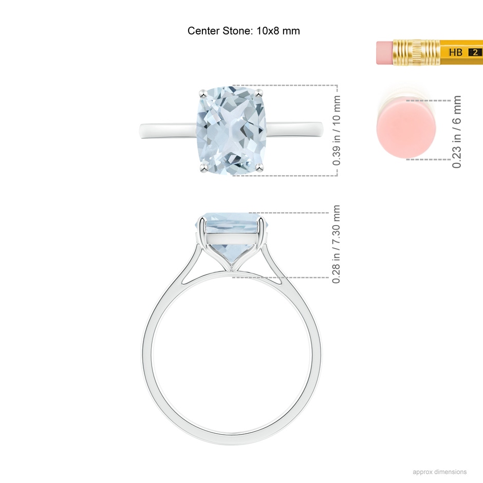10x8mm A Prong-Set Cushion Aquamarine Solitaire Ring in S999 Silver ruler