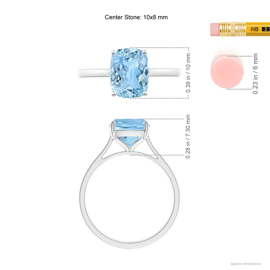 10x8mm AAAA Prong-Set Cushion Aquamarine Solitaire Ring in P950 Platinum ruler