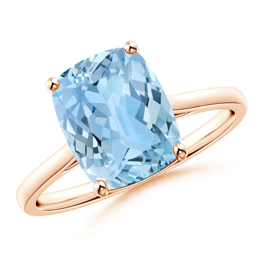 10x8mm AAAA Prong-Set Cushion Aquamarine Solitaire Ring in Rose Gold