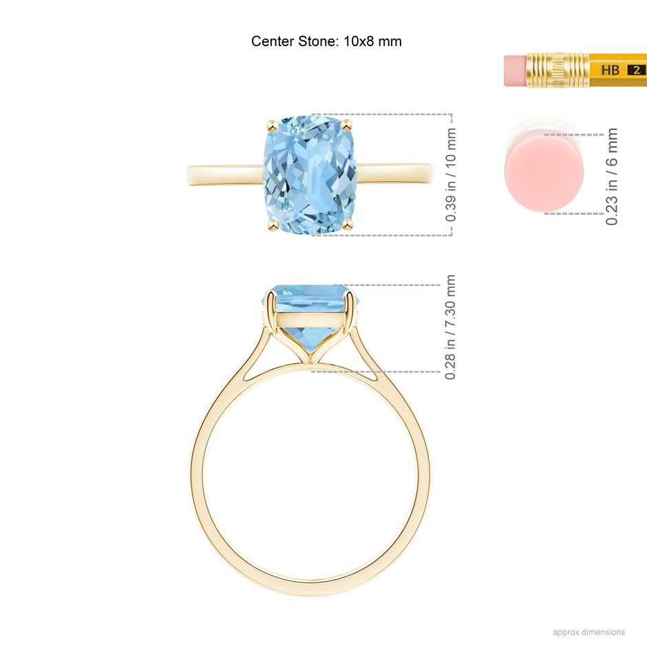 10x8mm AAAA Prong-Set Cushion Aquamarine Solitaire Ring in Yellow Gold ruler