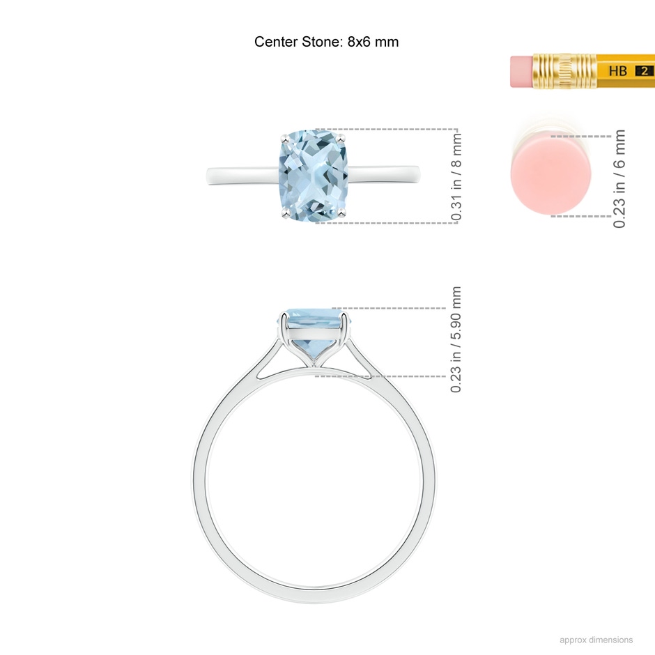 8x6mm AA Prong-Set Cushion Aquamarine Solitaire Ring in S999 Silver ruler