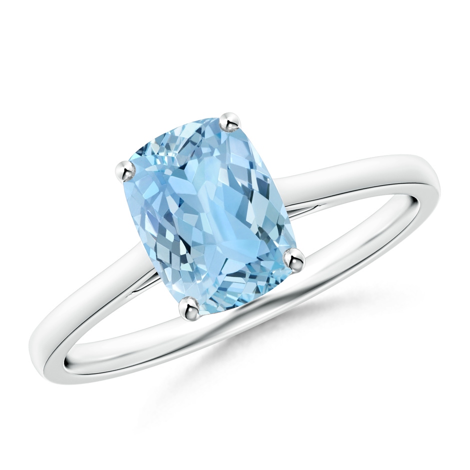 8x6mm AAAA Prong-Set Cushion Aquamarine Solitaire Ring in White Gold 