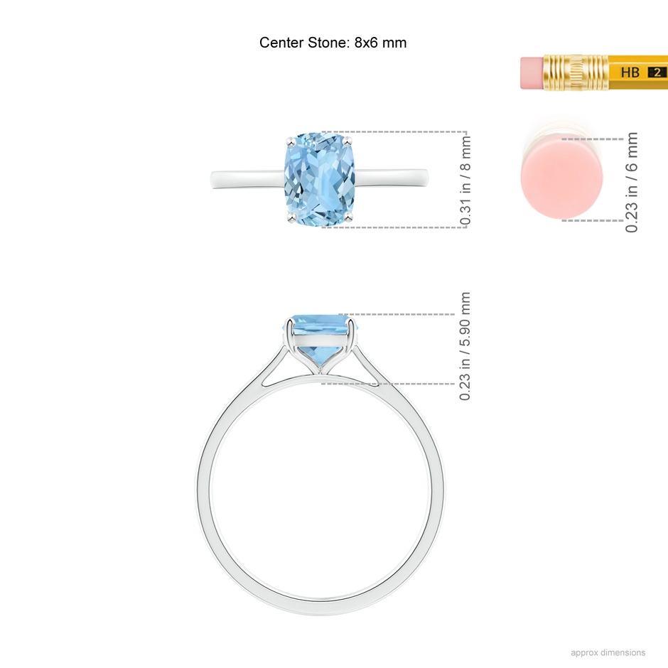 8x6mm AAAA Prong-Set Cushion Aquamarine Solitaire Ring in White Gold ruler