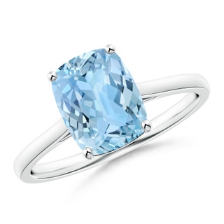 9x7mm AAAA Prong-Set Cushion Aquamarine Solitaire Ring in P950 Platinum