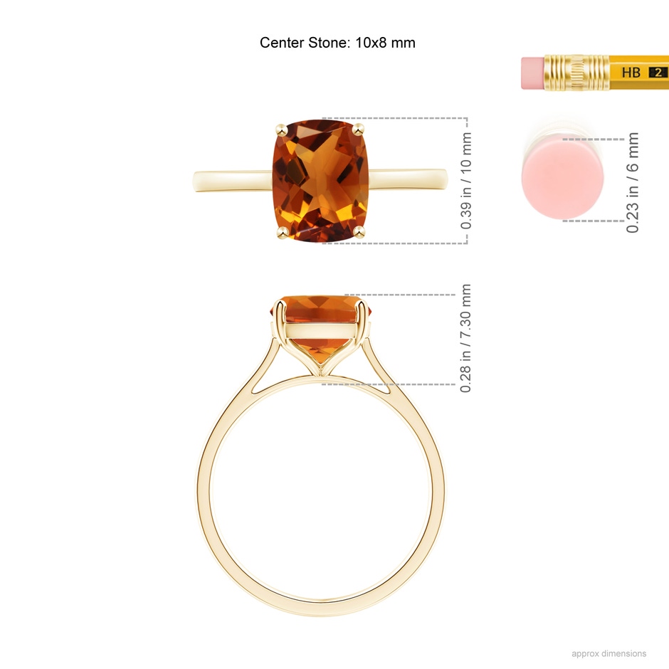 10x8mm AAAA Prong-Set Cushion Citrine Solitaire Ring in Yellow Gold ruler