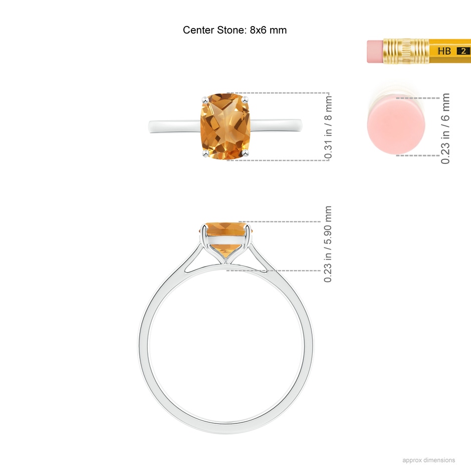 8x6mm A Prong-Set Cushion Citrine Solitaire Ring in S999 Silver ruler