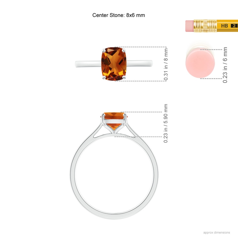 8x6mm AAAA Prong-Set Cushion Citrine Solitaire Ring in White Gold ruler