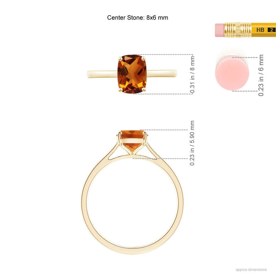 8x6mm AAAA Prong-Set Cushion Citrine Solitaire Ring in Yellow Gold ruler