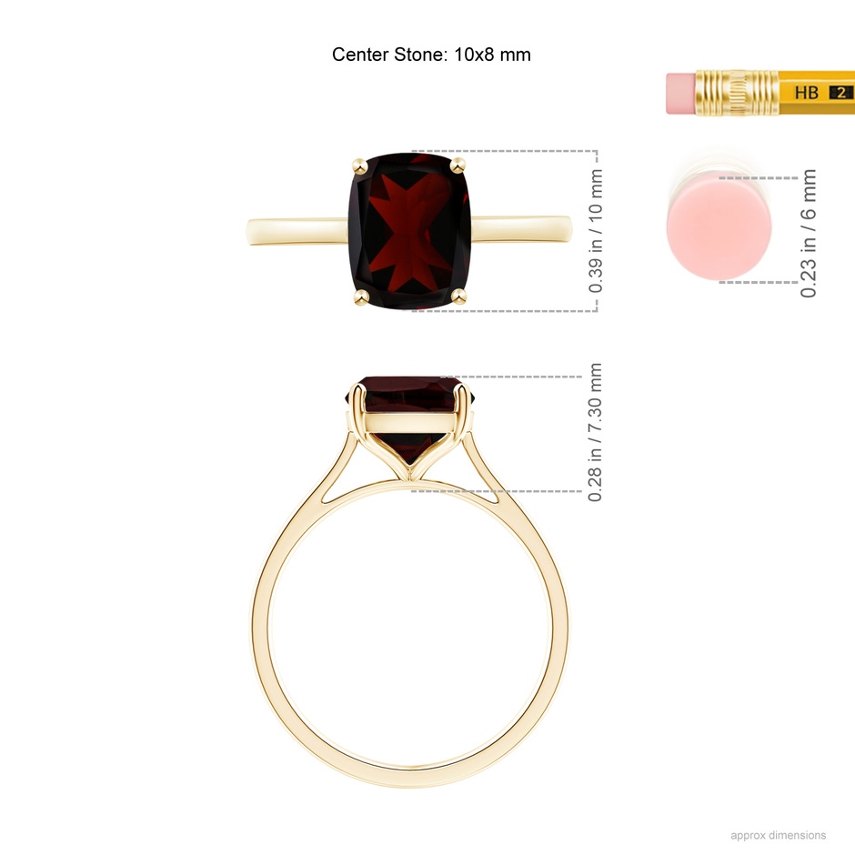 10x8mm A Prong-Set Cushion Garnet Solitaire Ring in Yellow Gold ruler
