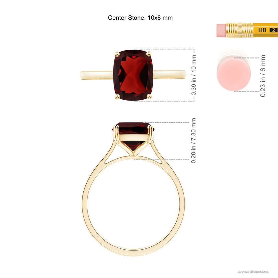 10x8mm AAA Prong-Set Cushion Garnet Solitaire Ring in Yellow Gold ruler