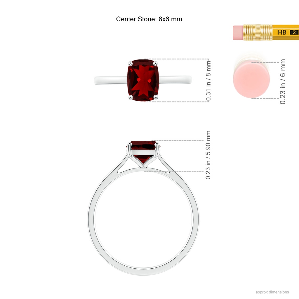 8x6mm AAAA Prong-Set Cushion Garnet Solitaire Ring in White Gold Ruler
