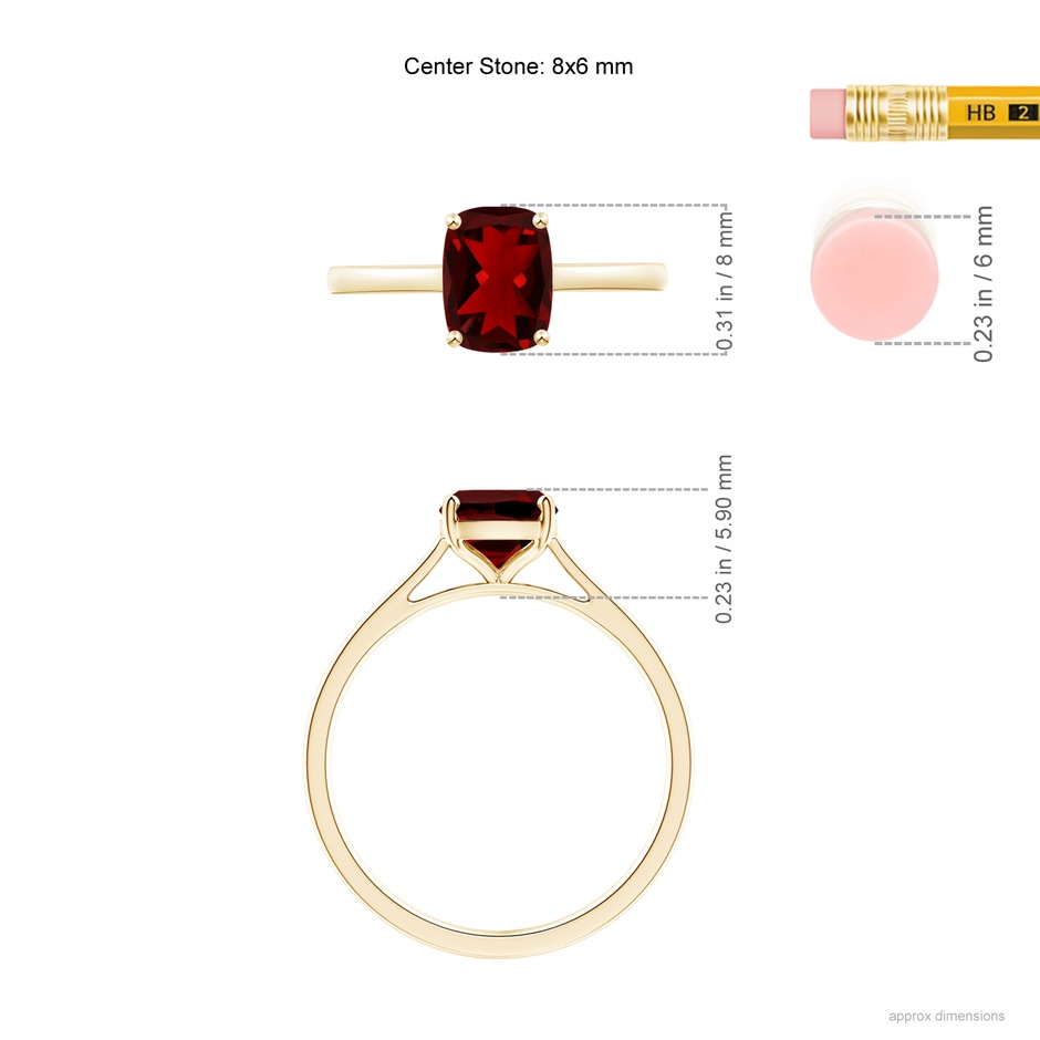 8x6mm AAAA Prong-Set Cushion Garnet Solitaire Ring in Yellow Gold ruler