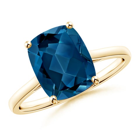 10x8mm AAA Prong-Set Cushion London Blue Topaz Solitaire Ring in Yellow Gold