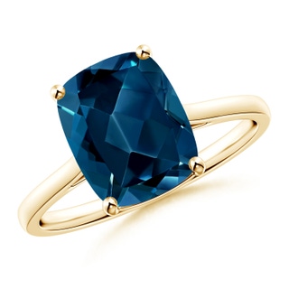 10x8mm AAAA Prong-Set Cushion London Blue Topaz Solitaire Ring in 9K Yellow Gold