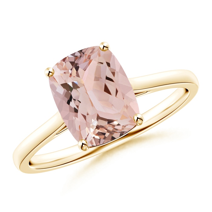 9x7mm AAA Prong-Set Cushion Morganite Solitaire Ring in Yellow Gold 