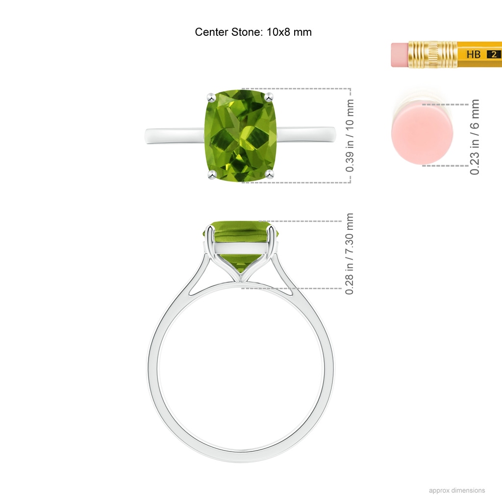 10x8mm AAAA Prong-Set Cushion Peridot Solitaire Ring in S999 Silver Ruler