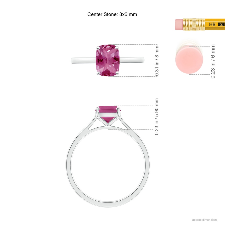 8x6mm AAAA Prong-Set Cushion Pink Tourmaline Solitaire Ring in P950 Platinum ruler